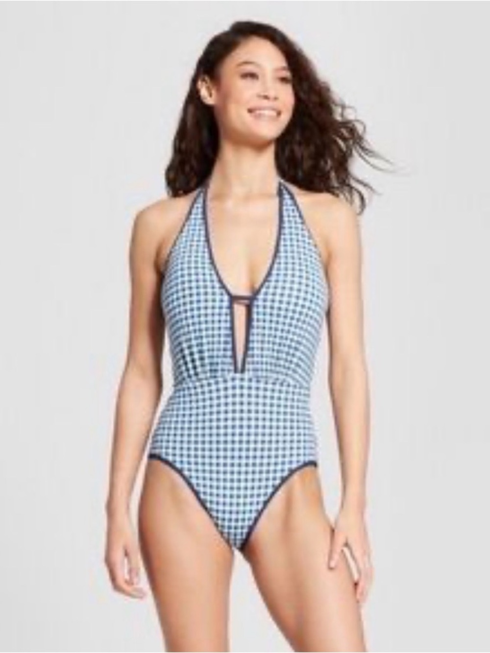 NWT Sunn Lab Swim Women’s Blue Gingham Halter One-Piece Swimsuit